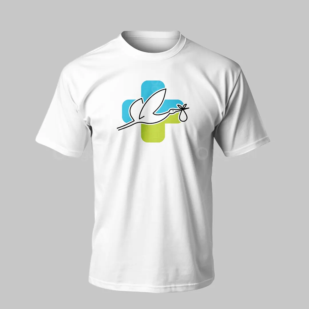 Maternity Hospital Logo for sale - Stork and Cross T-Shirt mockup