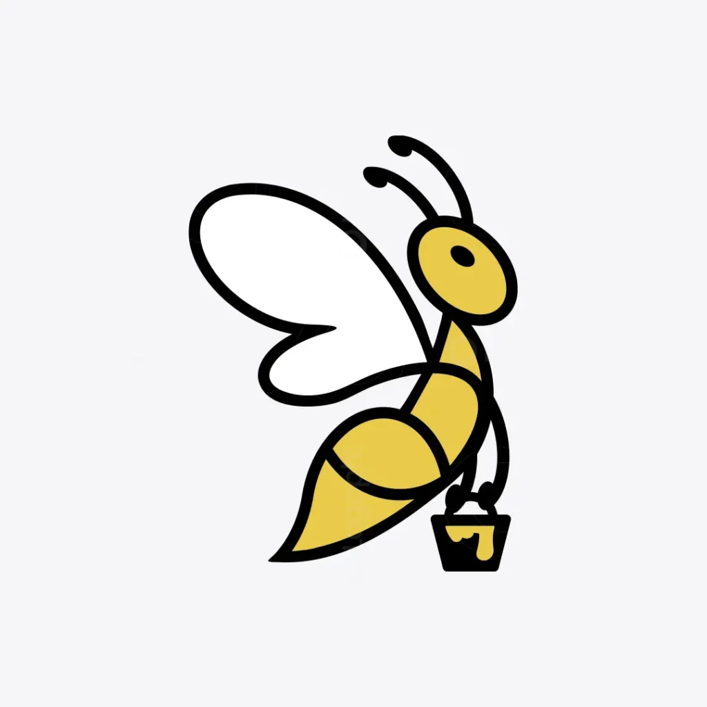 Mascot honey bee carrying a small bucket of honey, minimalist black and yellow line logo on a light background.
