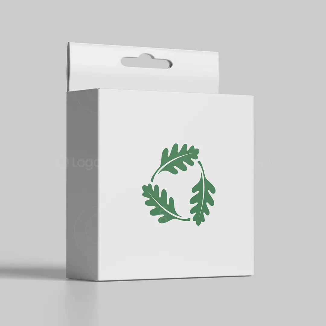 White product box mockup with the Oak Wreath Eco Logo in green centered on the front; minimalist sustainable branding.