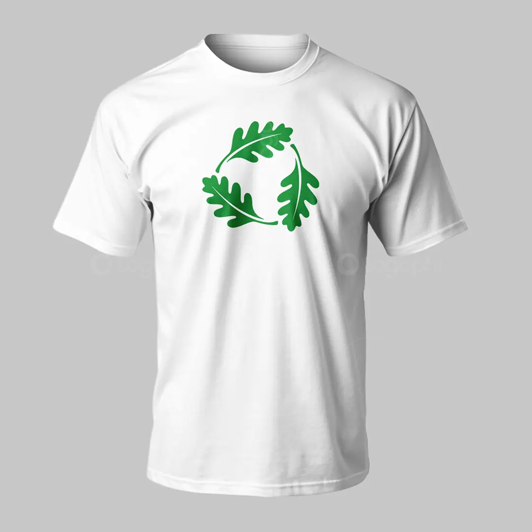 White T-shirt mockup with the Oak Wreath Eco Logo in green centered on the chest; minimalist eco branding.