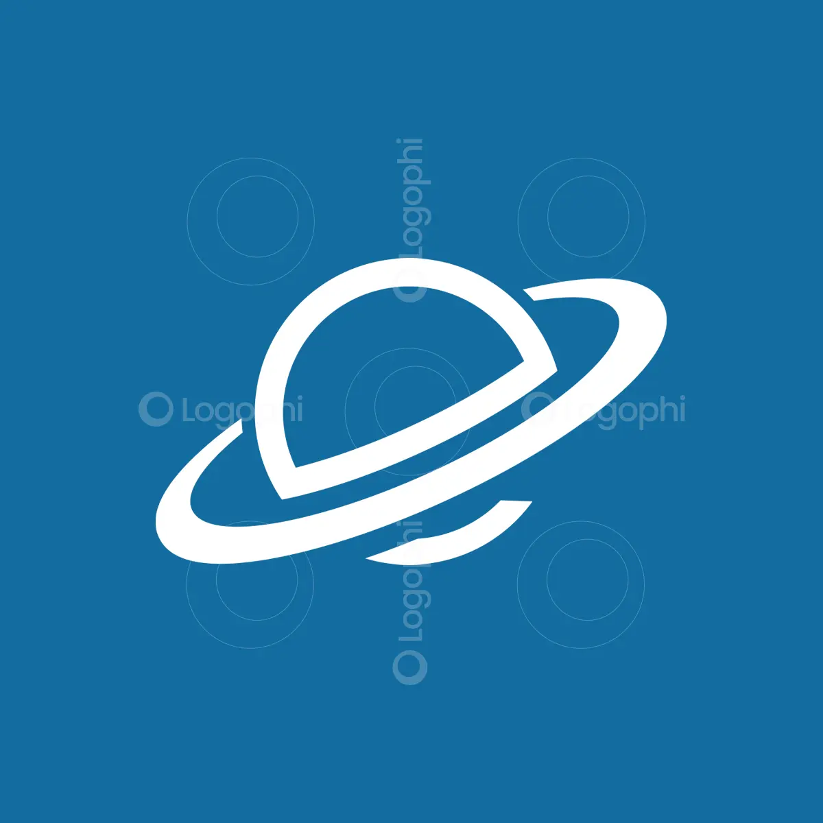 Blue background white Letter e Saturn logo for sale