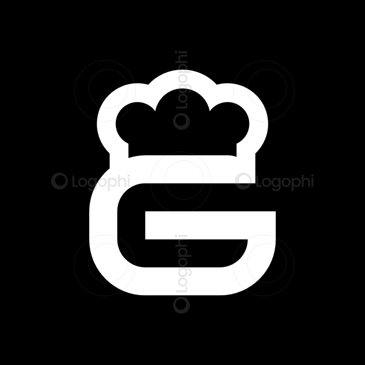 black background white chef g logo for sale