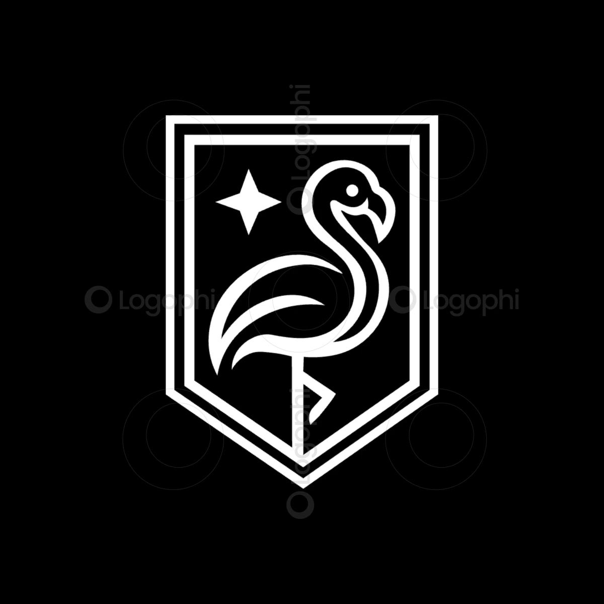 black background white flamingo shield logo for sale